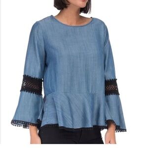 bobeau Blue Tencel Peplum Top with Black Crochet Trim